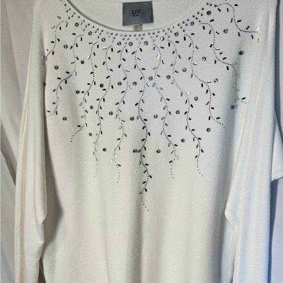 LIV Milano Embellished White Top Women’s  Rhinestone Blouse Holiday Party - Picture 1 of 4